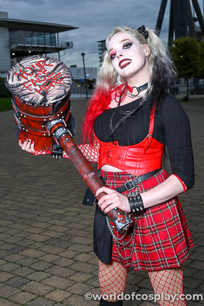 Harley Quinn cosplay with mega mallet at MCM London Comic Con October 2021.