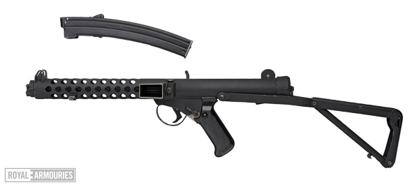 The original Sterling Mk4 automatic submachine gun with its easily-recognisable, side-loading magazine.