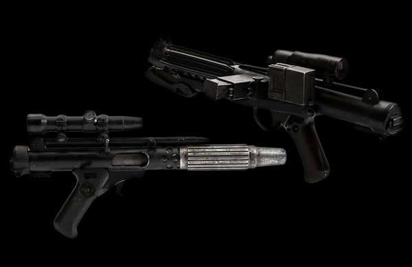 A DH-17 Rebel blaster pistol (left) and E-11 Imperial Stormtrooper blaster,