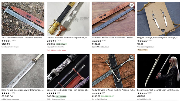 Etsy.compage showing swords for sale.