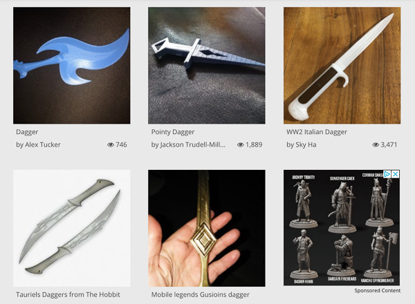 myminifactory.com web page shows the swords and daggers you can by 3D-printing files for