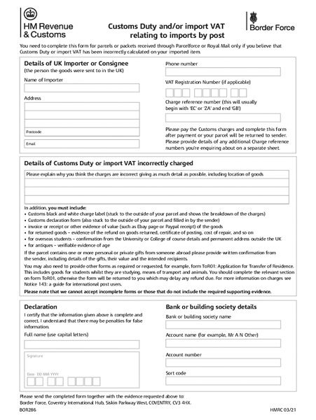 BOR 286 form for reclaiming overpaid import taxes