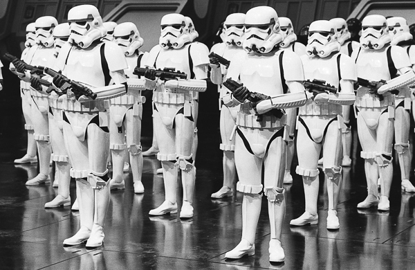 A platoon of Stormtroopers with their Blasters.