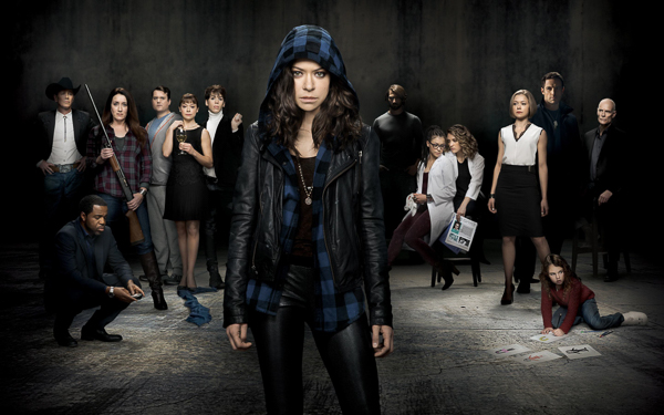 Orphan Black star, Tatiana Maslany, with the 'clone' cast of the show.